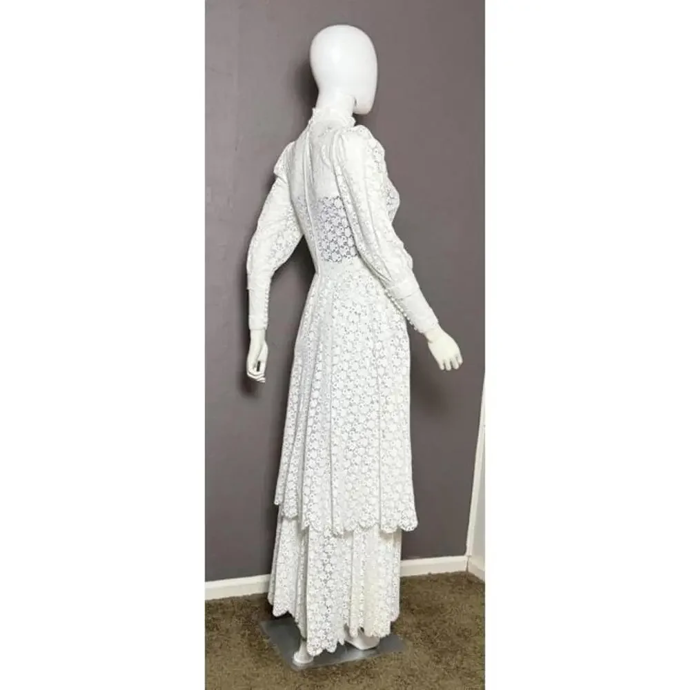 Rare 1970's White Cotton Eyelet Prairie Wedding Gown White Edwardian Style - Picture 6 of 10
